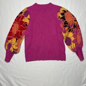 Jodifl Point Flower Print Sweater Bold Pink Balloon Lantern Sleeve Maximalist